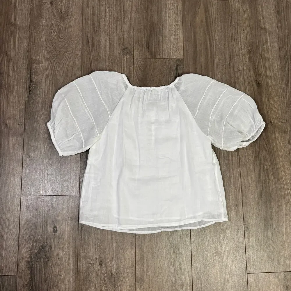 J.Crew Puff-Sleeve Top Sz S White Ramie Pintuck Shoulder Gathered Crew Neckline